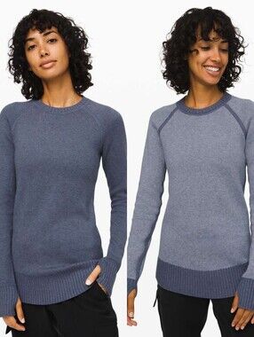 Lululemon Reversible Still Lotus Knit Sweater Heathered Code Blue Crew Neck XS 2